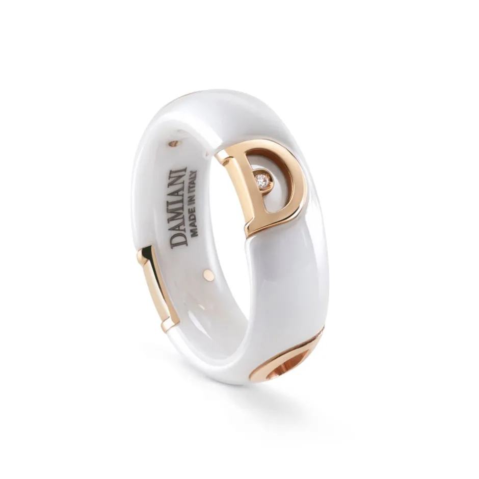 Damiani Anelli>Anello in ceramica bianca con oro rosa e diamante, 7 mm.