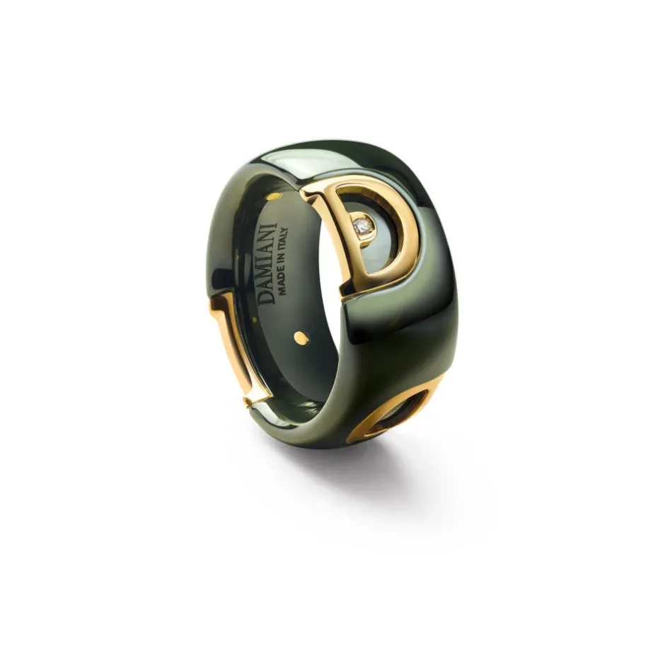 Damiani Anelli>Anello in ceramica verde con oro giallo e diamante, 10 mm.